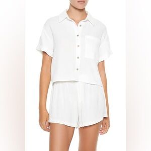 PRIMARK White Short-Sleeve Oversize Boxy Button Down Blouse Top Collar T-Shirt S